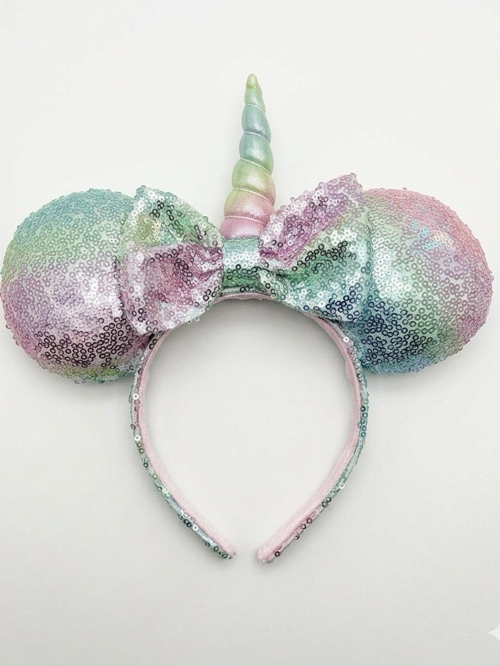 Disney Parks Pastel Rainbow Sequin Minnie Mouse Unicorn Ears Headband